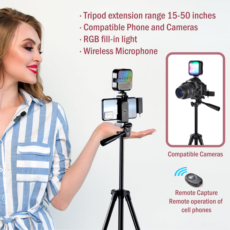 Vlogging Kit,YouTube Starter Kit,Vlogging Kit for iPhone,Youtuber Kit Beginner Content Creator Essentials Kit for Android,Vlogging Camera Kit with Tripod/Wireless Microphone/RGB Fill-in Light/Remote