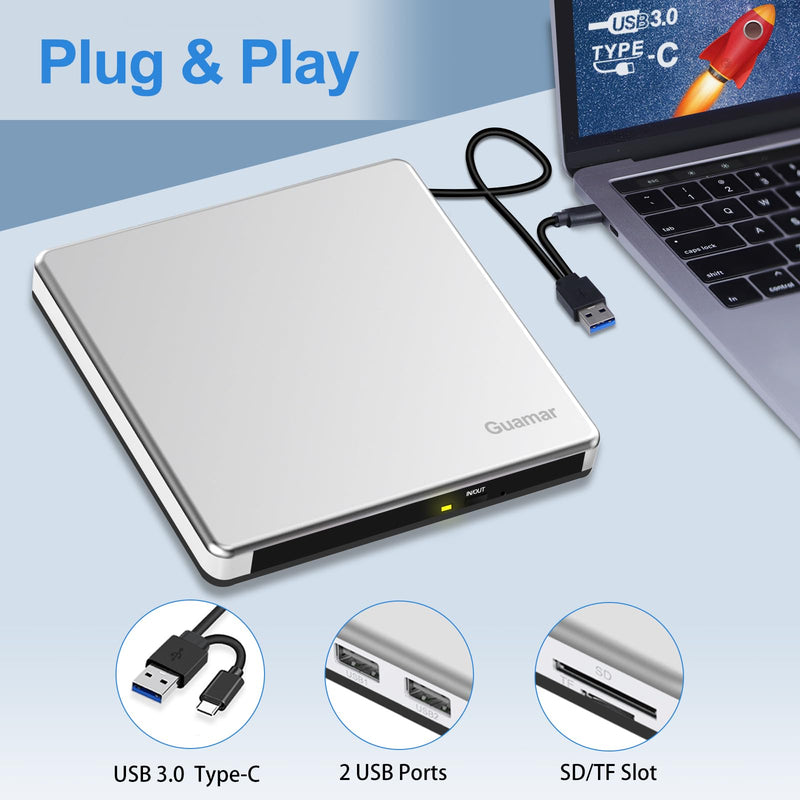 [AUSTRALIA] - Guamar External CD Drive for Mac: Portable DVD Burner Player for Laptop PC Windows 11 with SD/TF Slot 2 USB Ports - USB-C Superdrive for Apple MacBook Plug & Play (Silver) White 