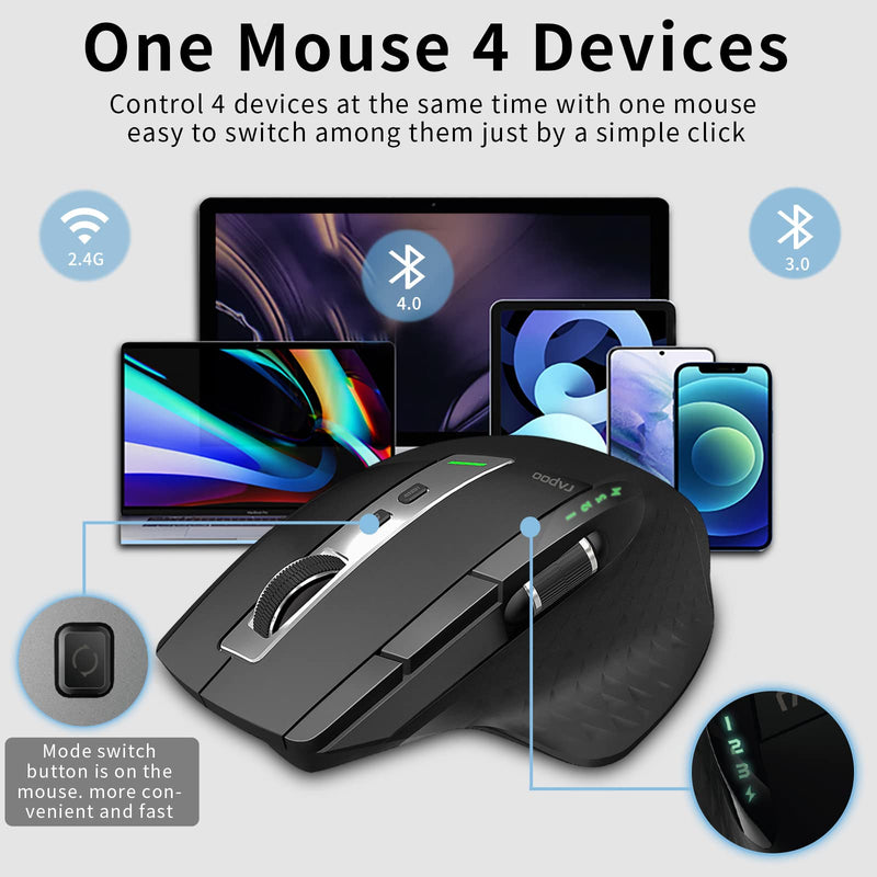 Bluetooth Wireless Mouse, RAPOO 4 Adjustable DPI Rechargeable Bluetooth Mouse, Multi-Device (3 Bluetooth+USB) Programmable Ergonomic Mouse with Side Roller, Laser Mouse for Laptop Desktop PC, Black