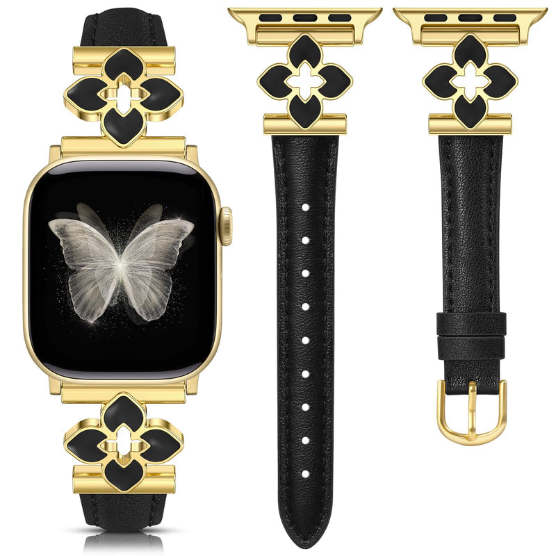 Minyee 2 Packs Band Compatible with Apple Watch Band Women 42/46/38/40/41/44/45/49mm, Premium Soft Leather Strap with Bling Dainty Flower Charm & Dressy Honeycomb Pretty Adjustable Metal Designer Clas