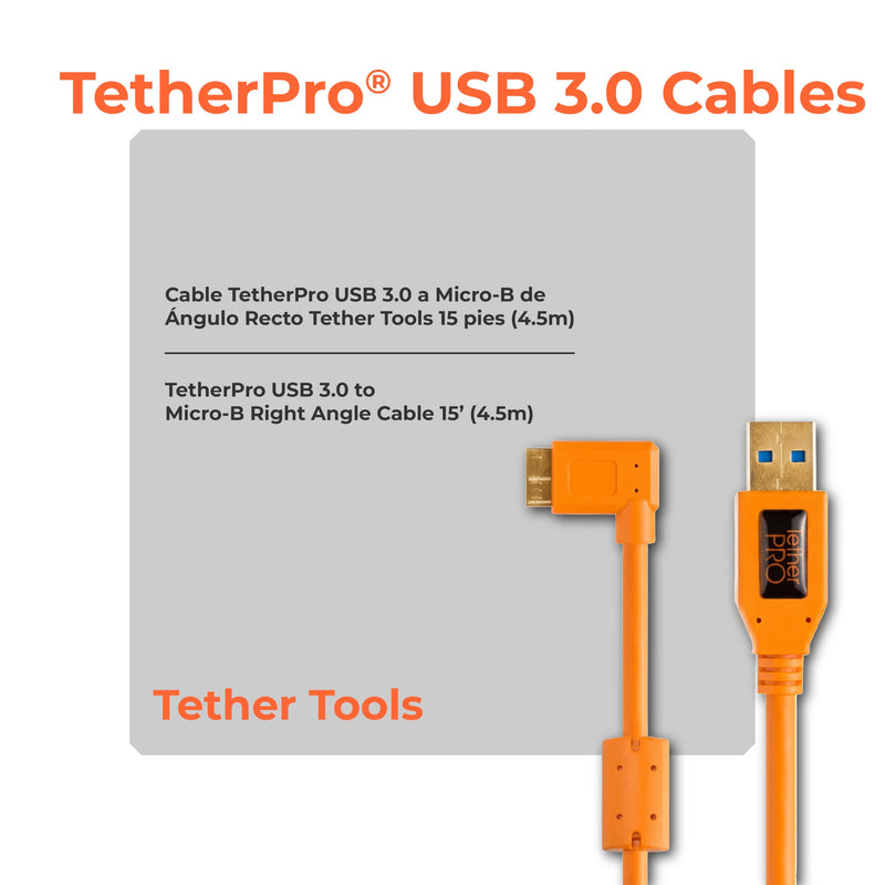 Tether Tools TetherPro USB 3.0 to Micro-B Right Angle Cable | for Fast Transfer and Connection Between Camera and Computer | High Visibility Orange | 15 Feet (4.6 m)