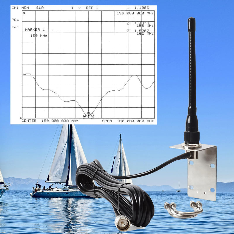 TWAYRDIO Marine VHF Antenna 6.5" Low Profile w/16.4ft Coax Cable for Boat | Stubby Marine Radio Antenna, 156-163MHz, 16.4cm, PL259 Connector, w/5m RG58 Coaxial Cable, L-Shape Mounting Bracket, U-bolts