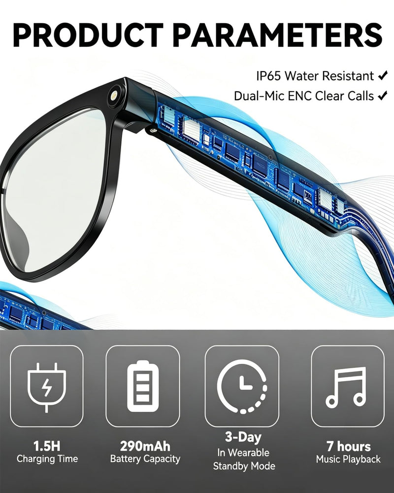 Smart Glasses with Camera, 8MP Anti-Shake Photochromic Smart Glasses | 1200P HD Video, Real Time Translation, AI Voice Assistant, Open Earbuds, Travel, Work Black
