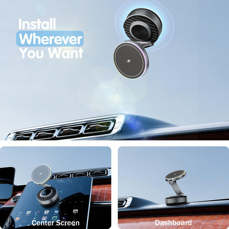 Magnetic Phone Holder for Car Wireless Charging, 15W Fast Wireless Car Charger with Vacuum Suction, 360° Adjustable Magnetic Mount for Dashboard & Windshield, Hands-Free for MagSafe iPhone & Android for Magnetic General PM