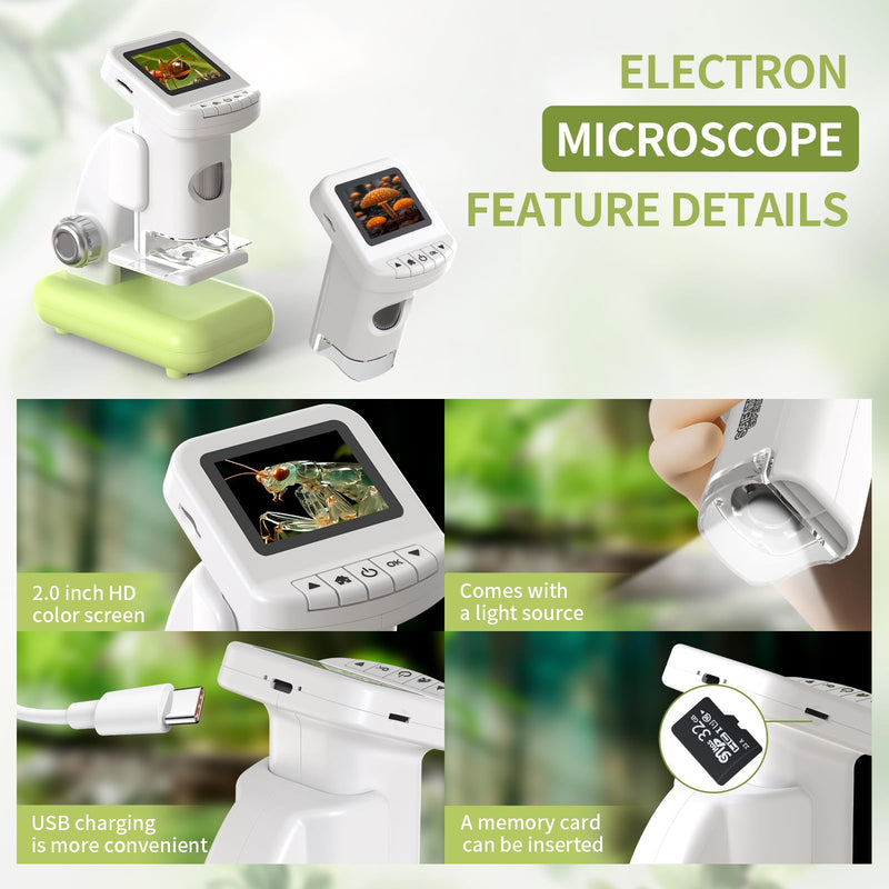 1200X Microscope for Kids 4K with 2 inch Screen STEM Digital Science Kit Rechargeable Handheld Mini Pocket Children Students Slides Portable Gift for Kids Ages 6 to 12 (Green) Green