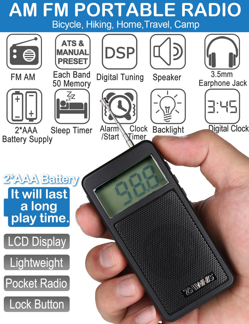 [AUSTRALIA] - ZHIWHIS Portable Radio, AM FM Receiver, DSP Small Pocket Radios Operated by AAA Batteries, Digital Clock, 100 Station Memory, Start Timer/Sleep Timer, for Walking/Running, Black ZWS-105 