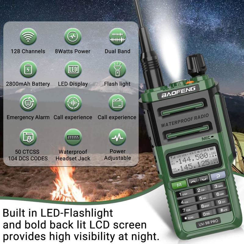 BAOFENG UV-9R Pro 8W Ham Radio Long Range Handheld Dual Band Tri- Power Two-Way Radio Waterproof Transceiver Walkie Talkies Rechargeable with Type-C Charger Cable Green