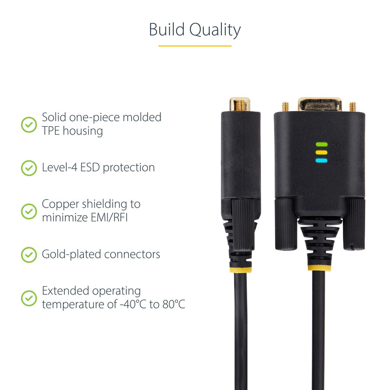 StarTech 6ft USB to Serial Adapter Cable, FTDI (1P6FFC-USB-SERIAL) | USB-A to DB9 RS232, Interchangeable DB9 Screws Nuts, COM Retention, LED Indicators