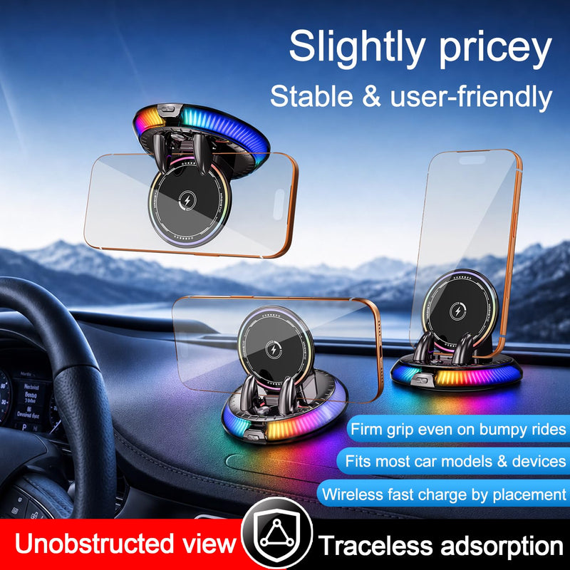 Wireless Car Charger Phone Holder for Dashboard,One-Hand Operation 15W | Fast Charging for MagSafe iPhone , 7-Color RGB Light On/Off, 360° Rotating View, Automatic Dual-Hook Locking