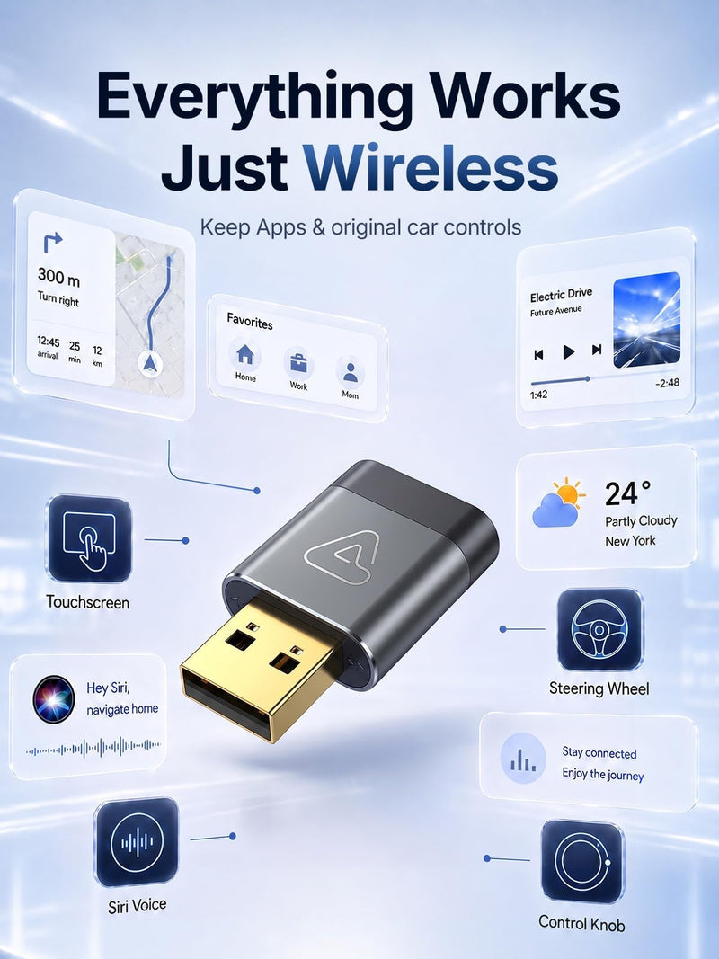 Wireless CarPlay & Android Auto Dongle for Digital Media Receivers Gray | Ultra Mini, Fast Stable Connection, No Overheating, Plug & Play, Auto Reconnect, Bluetooth Wi-Fi, USB-A USB-C, Voice Control