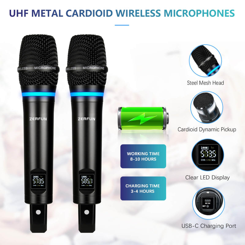 2 Channel Rechargeable Wireless Microphone System, Pro UHF Metal Handheld Wireless Microphones Cordless Mics with Mini Receiver, Channel Control for Karaoke Singing Church Rechargeable WM-2 2 Handheld