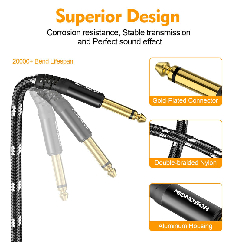 HOSONGIN Guitar Cable 2 Pack 10ft - 1/4 Inch Electric Instrument Cable Bass AMP Cord for Electric Guitar, Bass Guitar, Electric Mandolin, Pro Audio - Black/White Braided Tweed, 24K Gold Plated Plug 10 Feet 1/4" TS Mono Guitar Cable