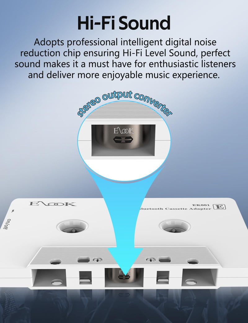 Elook Car Audio Receiver, Bluetooth Cassette Receiver Tape Aux Adapter Player with Bluetooth 5.0, White