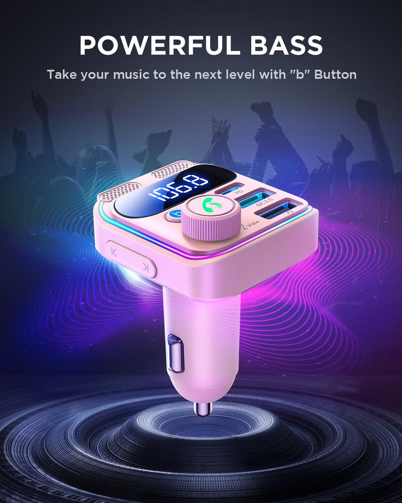 [AUSTRALIA] - JOYROOM Bluetooth 6.0 Car Adapter FM Transmitter 81W Fast Charging Cigarette Lighter Hands-Free Calling Support USB Drive, Pink 
