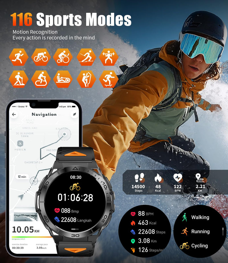 LIGE Military Smart Watch for Men, 1.6'' AMOLED Rugged Smart Watch with 600mAh Battery/Heart Rate/Blood Pressure/Sleep Monitor,IP68 Waterproof Fitness Tracker Watch for Android iPhone Gery Gray