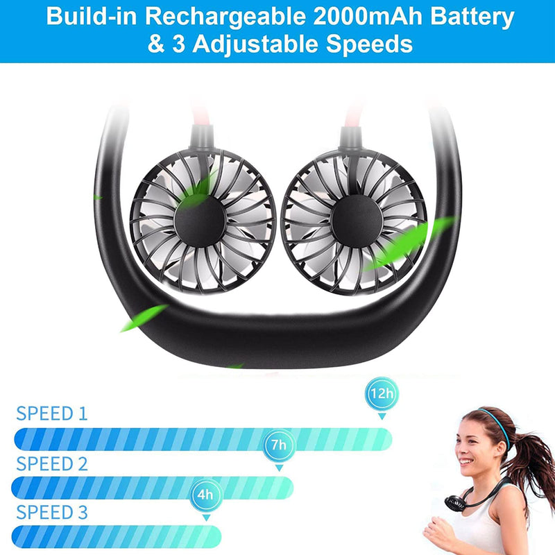 RJVW Portable Neck Fan, Hand Free Personal Hanging Neck Sports Fan USB Rechargeable (3 Speed Adjustable) Wearable Cooling Head Fan,360 Degree Free Rotation for Traveling, Sports, Office, Reading Full Black