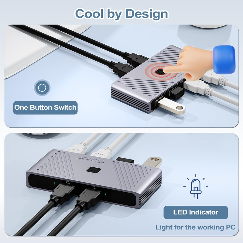 USB 3.0 Switch, 2 Computers Sharing 4 USB Devices, One-Button Switcher | For Keyboard Mouse Printer Scanner, USB Peripheral Sharing Hub for PC Laptop with 2 USB 3.0 Cables, Aluminum Alloy Case For 2 PCs