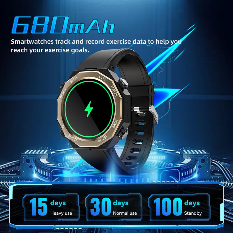 Rogbid Smart Watch for Men 680mAh 1.45" AMOLED 5ATM Waterproof Fitness Tracker Watch Heart Rate Blood Pressure Sleep Monitor Bluetooth Calls Military Sport Smartwatch for iOS Android Phones Black