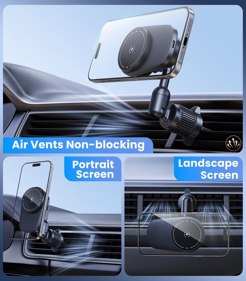 Long-arm Wireless Magnetic Car Phone Holder Mount with Cooling Fan & RGB Lights, 15W Fast Charging Auto-Rotate Charger for iPhone 17/16/15/14/13/12 S25 Samsung Google, Car Air Vent Mount Vent clip