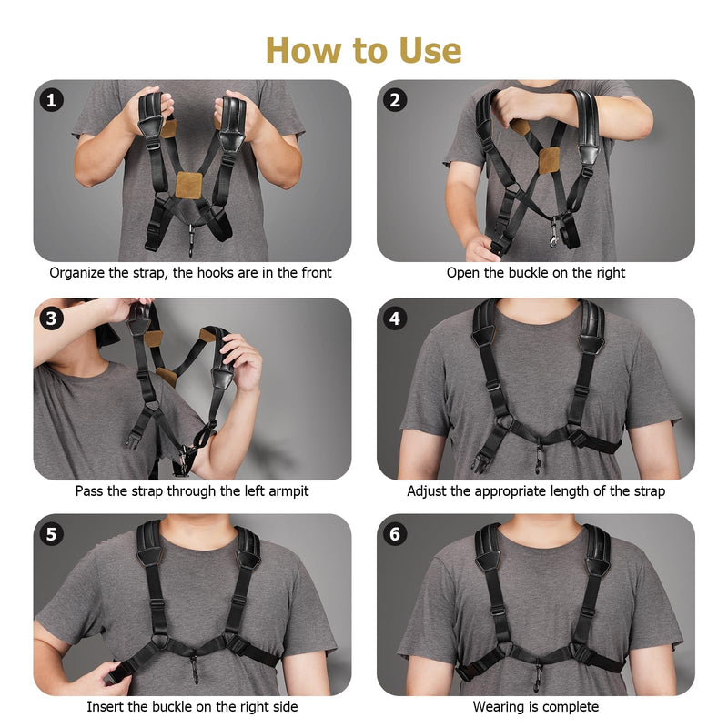 Saxophone Harness, Double Shoulder Adjustable Sax Strap with Soft Leather Padded, Widened & Thickened Design, Good Comfort, Reduce Neck Stress, for Alto/Tenor/Baritone/Soprano Saxophone