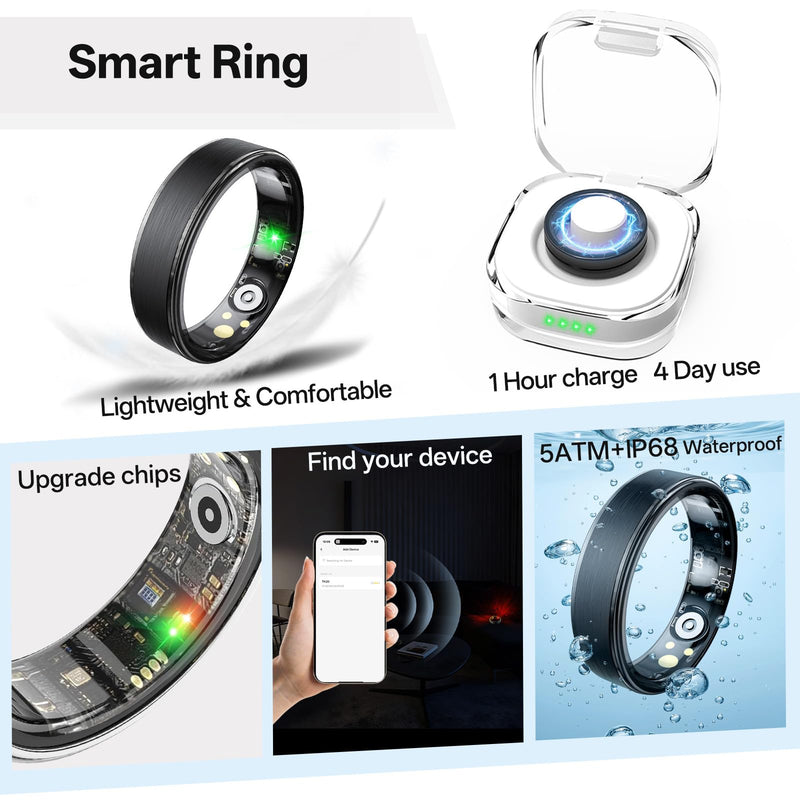 Smart Ring for Women & Men, Health Fitness Tracker Ring | Sleep Monitor/Heart Rate/Blood Oxygen/HRV/Stress/Calorie/Steps, IP68 Waterproof for iOS & Android, Free App (Black, 10#) Black 10#