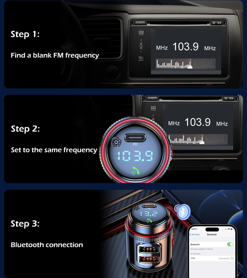 [AUSTRALIA] - LIHAN Bluetooth 5.4 Car FM Transmitter, Wireless AUX Adapter with USB-C PD 30W & QC3.0 18W Dual Fast Charging, HiFi Bass EQ, CVC Hands-Free Calls, Siri/Google Assistant, 12V/24V Cars/Trucks/Vans 