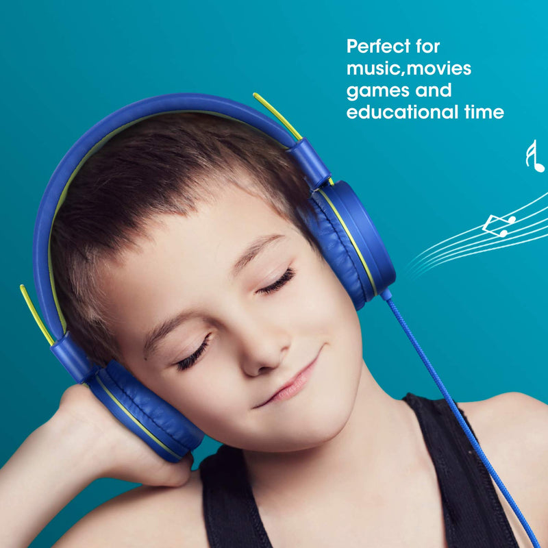 noot products Kids Headphones with Microphone K12 Stereo 5ft Long Cord with 85dB/94dB Volume Limit Wired On-Ear Headset for iPad/Amazon Kindle,Fire/Toddler/Boys/Girls/School(Blue/Lime) Blue Lime