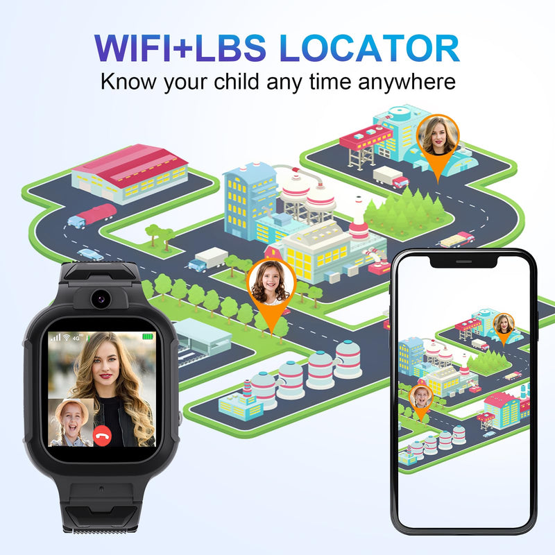 4G Kids Smart Watch GPS Tracker - Smartwatch with Two Way Call Video Calling Voice Chat SOS Class Mode Stopwatch Pedometer Games Wi-Fi Touch Screen Alarm Clock Smartwatches for Boys Girl (Black) Black