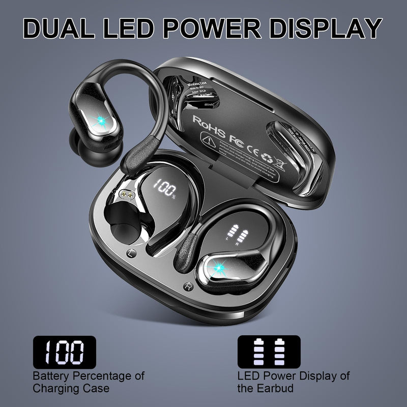 Wireless Earbuds, Sport Bluetooth 5.4 Headphones 2026 New Bluetooth Earbuds with 75Hrs Stereo, 4 ENC Mic, Noise Canceling Over-Ear Buds with Earhooks, IP7 Waterproof Earphones for Workout/Running/Gym A-Black