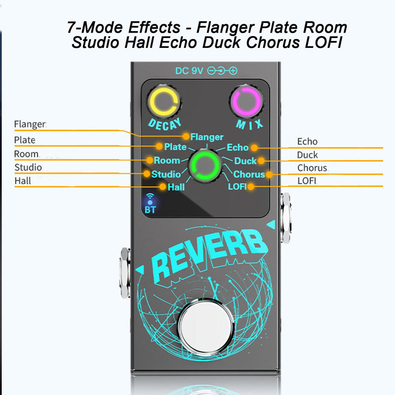 Mini Reverb Guitar Pedal, Verb Square Digital Reverb 9 Modes Room, Hall, Chorus, Duck, Plate, Studio, Echo, LOFI with True Bypass Aluminium alloy case (Black Reverb) Black Reverb
