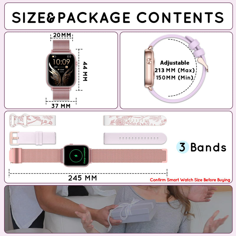 Smart Watch for Women 1.83" HD Bluetooth Call Step Fitness Tracker 3 Bands | Compatible Android & iPhone Phones Smartwatch with Heart Rate/SpO2/Sleep Monitor, Waterproof 120+ Sports Modes, Purple
