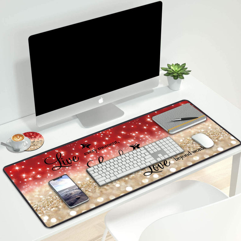 Desk Pad Gaming Mouse Pads with Coasters,31.5"x 11.8" Large Non-Slip Rubber Base Mousepad with Stitched Edges for Office & Home,Red Glitter Quote Live Every Moment, Laugh Every Day, Love Beyond Words