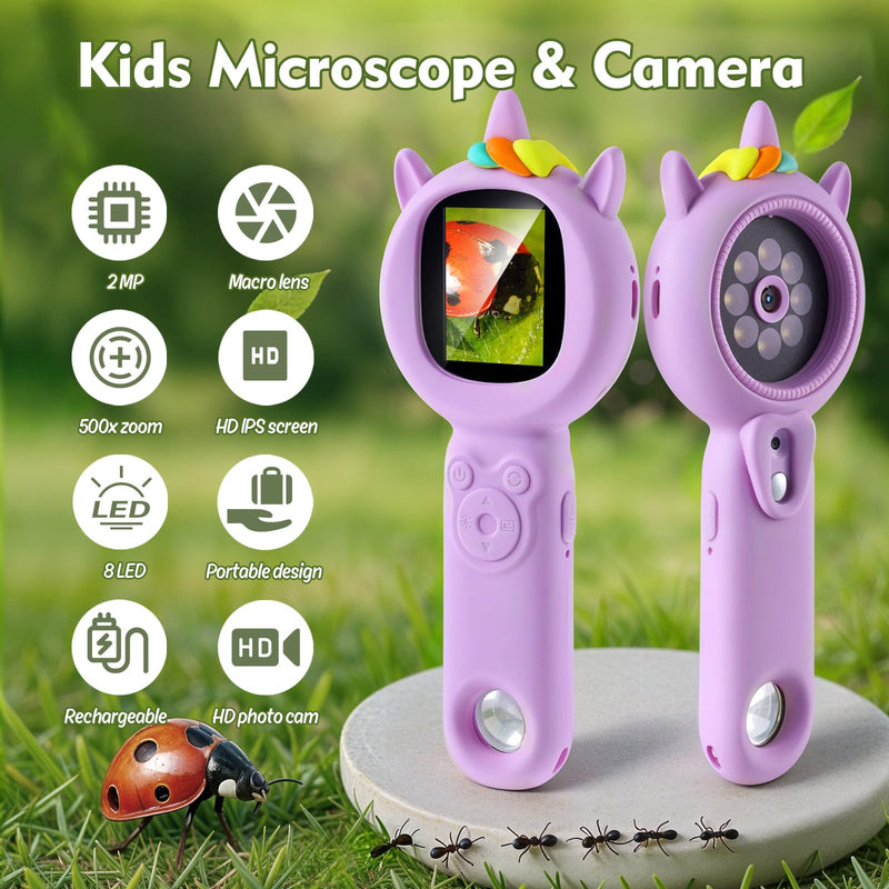 [AUSTRALIA] - Kids Microscope- 500x Magnification,16X Zoom,Handheld Microscope for Kids with HD Cam,Portable Science Learning Tool,Christmas Birthday Gifts for Boys Girls Aged 3-12 (Purple) Purple 