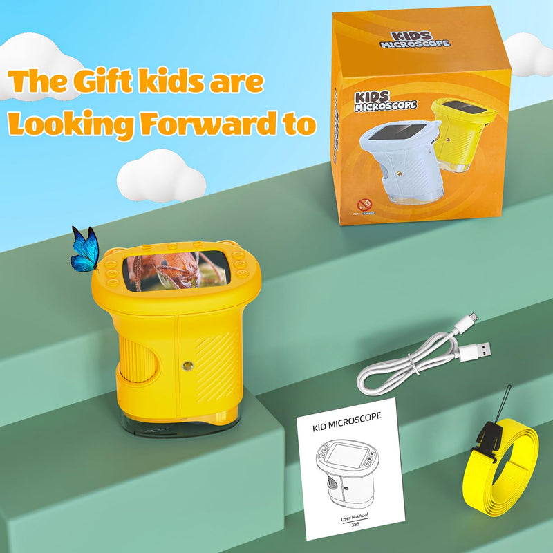[AUSTRALIA] - Kids Microscope, 1000X Portable Mini Pocket Microscope with 2.4″ IPS Screen & 8 LEDs, Rechargeable, STEM Educational Science Kit Toys, Best Christmas Birthday Gifts for 4-12 Year Old Girls Yellow 