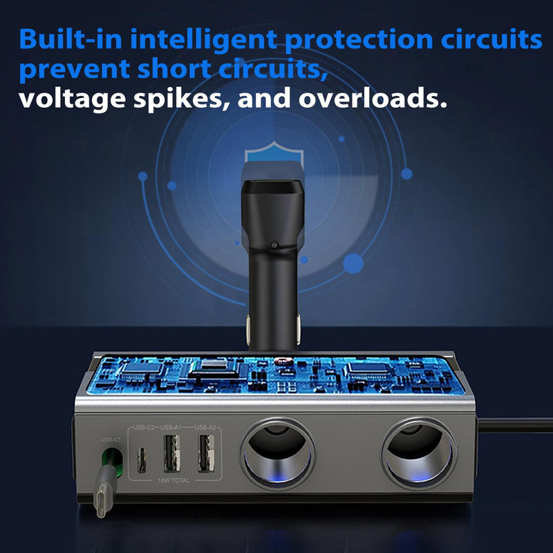 Dual Socket Cigarette Lighter Splitter Adapter with Retractable Phone Charger, 120W Heavy Duty Truck Car USB Chager Multi Port with PD/QC Charge USB C 12V/24V Independent Switches for Car Devices