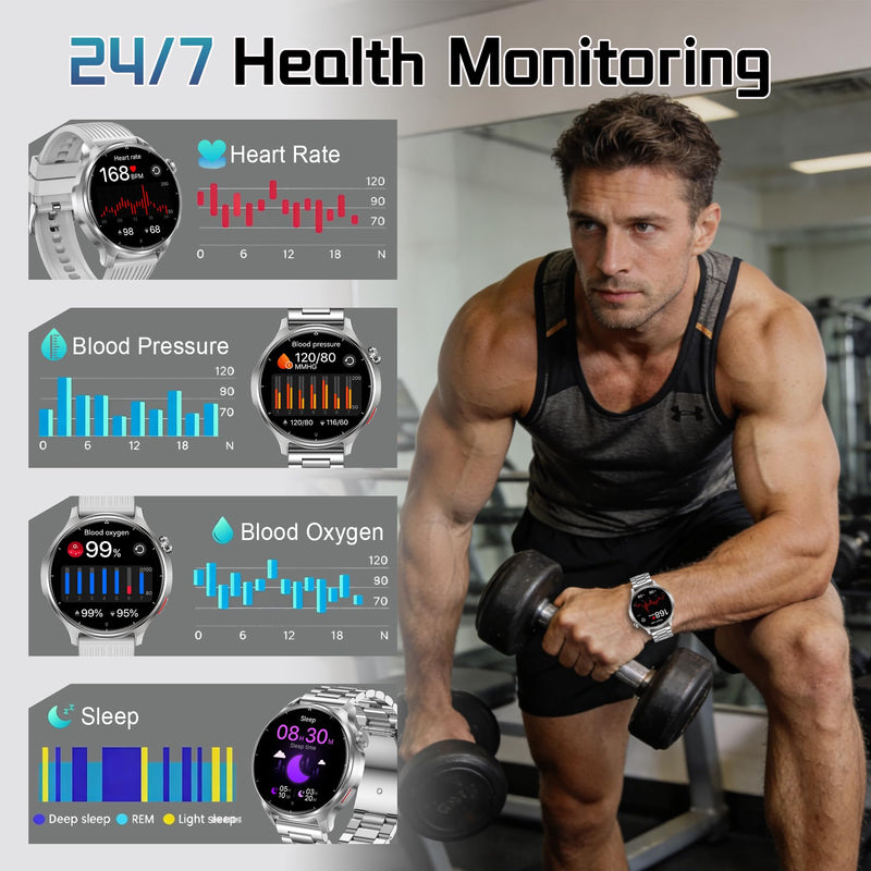 Military Smart Watch for Men 1000mAh Battery 1.52" HD Screen | Answer/Make Calls, IP68 Waterproof, 100+ Sports Modes, Sleep/Health Monitoring, Compatible iOS Android, Silver
