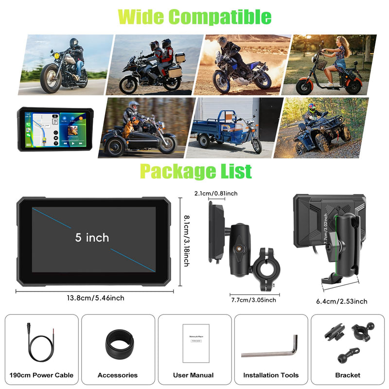 CAMECHO 5 Inch Motorcycle CarPlay GPS Navigation System with Wireless CarPlay Android Auto, IP67 Waterproof Touch Screen Car Play Moto with Bluetooth, Siri, Google Assistant, Bracket 5-Inch