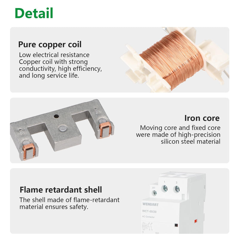 Wengart Compact AC Contactor WCT-50, White, AC230V, 50A, Built for Durability, Whisper Quiet Operation, Energy Saving, with Additional Functions for Household Appliances (2NO) 2NO
