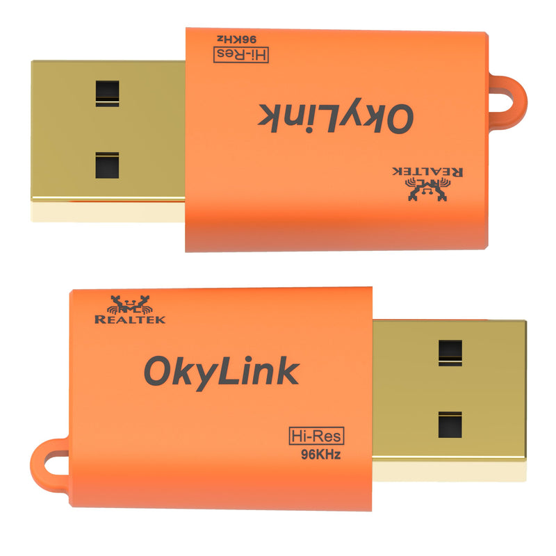 OkyLink USB to 3.5mm Audio Adapter, 96kHz Hi-Res DAC, Plug and Play,2-Pack | External Sound Card, TRRS 4-Pole, Realtek DAC Chip, Compatible with PS5/PS4, Windows, Mac Orange 2 Pack