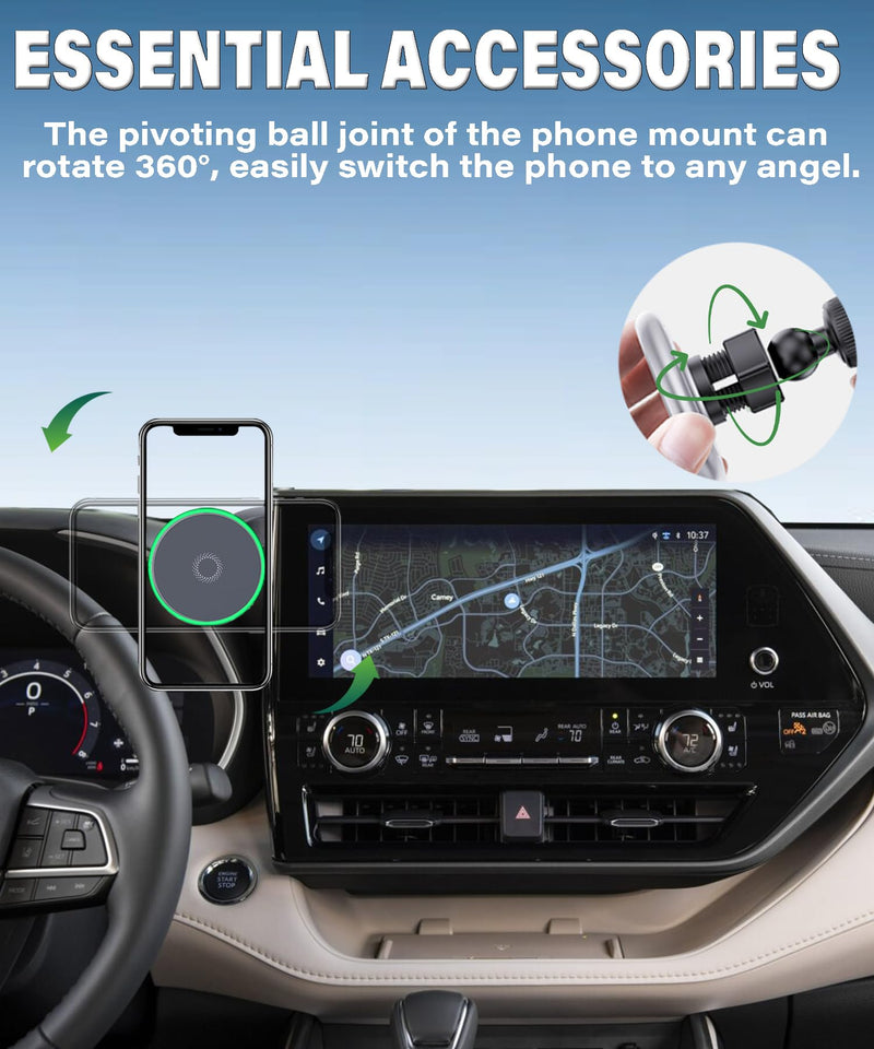 Car Phone Mount for 2020-2026 Toyota Highlander Accessories | MagSafe 15W Fast Wireless Charger Cell Phone Holder, 360° Rotatable 3D Fit Navigation Clip-On Cradle,will Not Block Air Vents fit for 2020-2026 Toyota Highlander