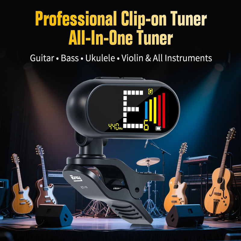 EX Professional Rechargeable Clip-On Guitar Tuner with LCD Screen - Chromatic Clip on Tuner for Acoustic Guitar, Bass Guitar, Ukulele, Violin & Chromatic Gray