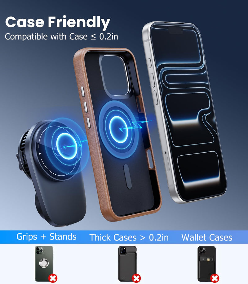 Long-arm Wireless Magnetic Car Phone Holder Mount with Cooling Fan & RGB Lights, 15W Fast Charging Auto-Rotate Charger for iPhone 17/16/15/14/13/12 S25 Samsung Google, Car Air Vent Mount Vent clip