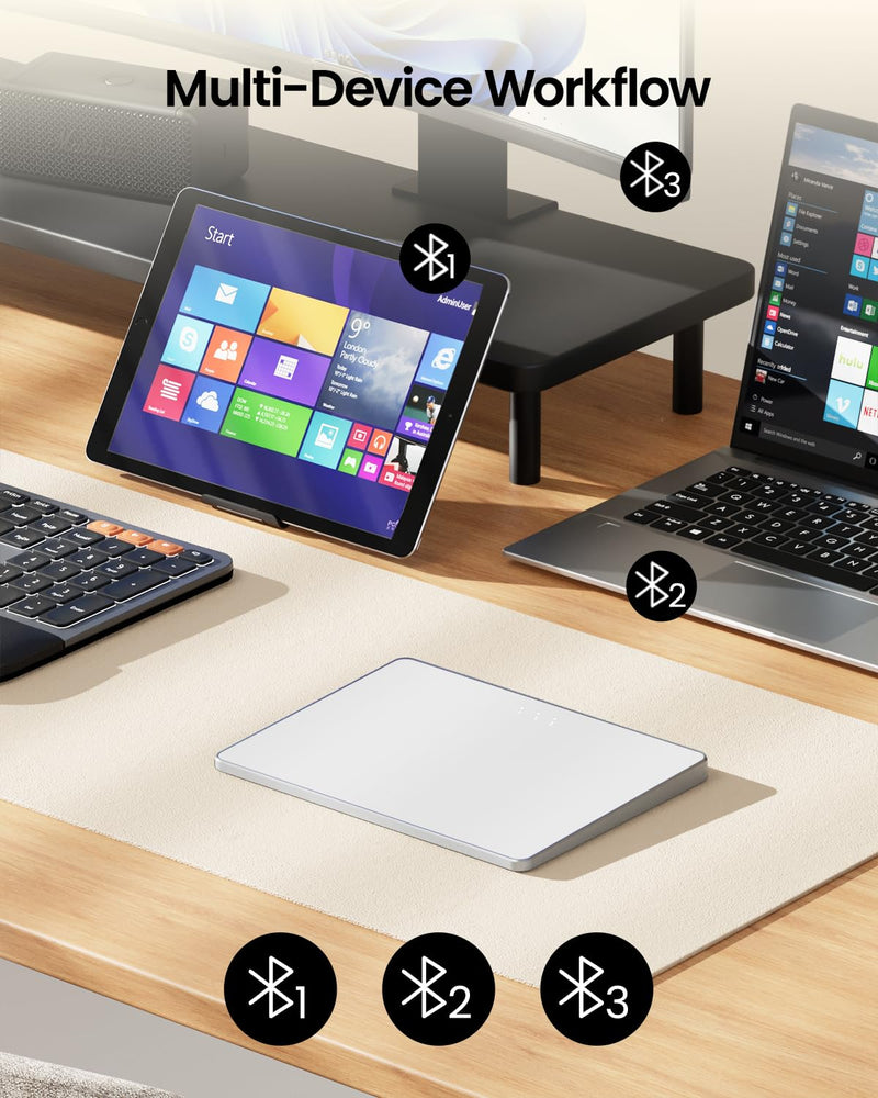 ProtoArc T1 Plus Bluetooth Trackpad for Win 11/10, White Silver | Large 6.4" touch surface, supports 3-device switching via Bluetooth. No USB receiver needed. Rechargeable and Multi-Gesture. White and Silver