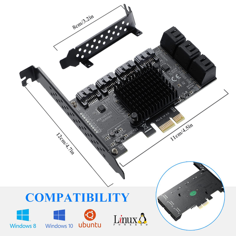 PCIE SATA 10Ports Card, PCI-E to SATA3.0 6Gbps, SATA Controller, PCI Express Expansion Card with 10 SATA Cable, Compatible with WIN8/WIN10/Ubuntu