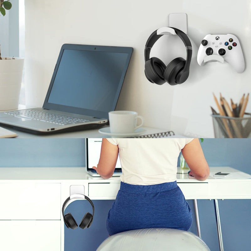HomeMount Headphone Stand Headset Holder - Adhesive Gaming Headphone Hanger Hook Desk Mount for Most Headphone & Controller (White) White