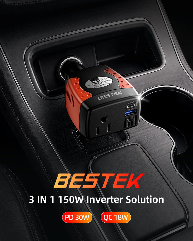 BESTEK 150W Car Power Inverter 12V to 110V AC Outlet PD 30W QC 18W USB | Voltage Converter/Car Charger/Power Adapter/Dual Charging Ports/Safety Protection/Road Trip/Camping Black