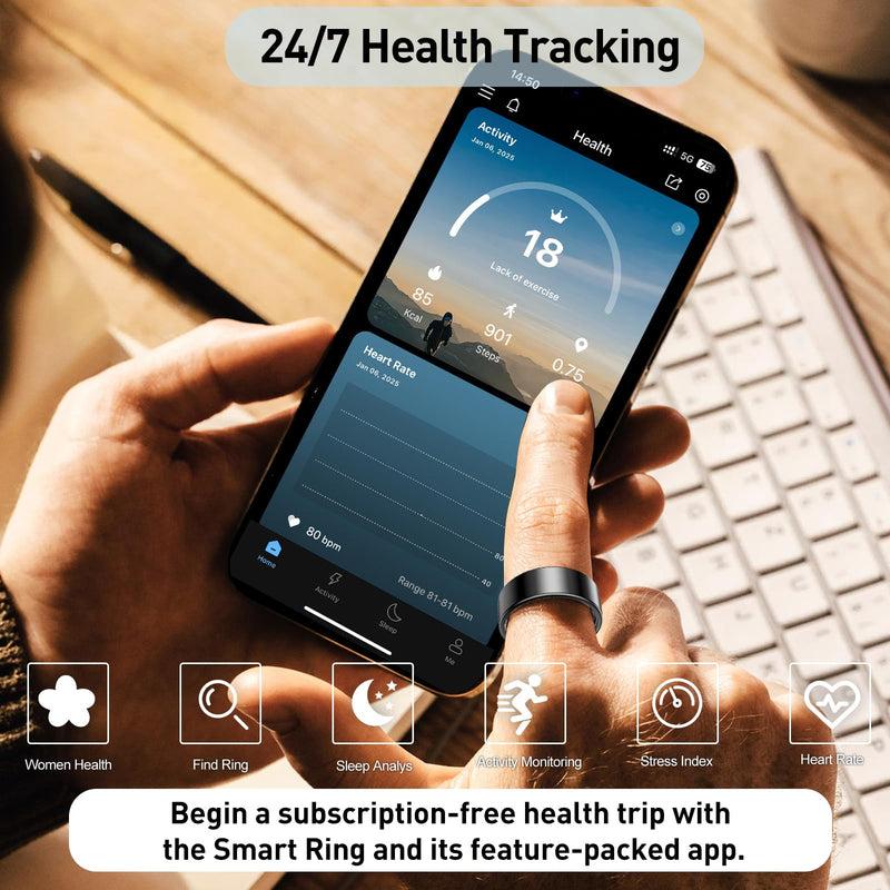 Smart Ring Health Tracker, Sleep&Exercise Monitor Heart Rate,Blood Oxygen,Fitness Trackers for Man&Women -Long Lasting Batteries,Waterproof Sleep Tracking Wearable (Silver, 13)