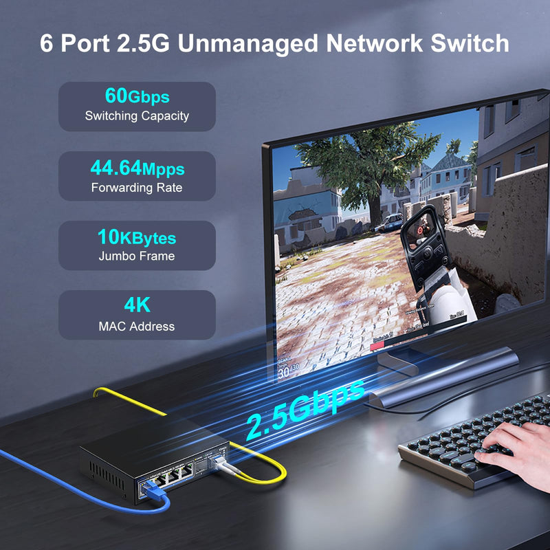6 Port 2.5G Unmanaged Network Switch, VIMIN 4X 2.5Gbase-T Ports, 2X 10G SFP+ Port, 60Gbps Switching Capacity, IEEE802.3, Metal Housing, Fanless, Work for 2.5Gbps NAS, Wireless AP & PC 4 Port 2.5G Switch