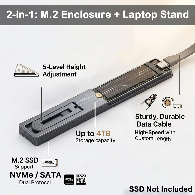 M.2 SSD External Portable Enclosure, USB 3.2 Gen2 NVMe SATA Dual Protocol Storage Box, Compact 2-in-1 Aluminum Enclosure with Laptop Stand for MacBook (For 14 & 15 Inch Laptops) For 14-Inch & 15-Inch Laptops