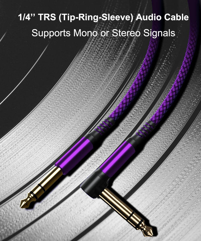 Elebase 1/4 Inch TRS Instrument Cable 10ft 2-Pack,Right-Angled to Straight 6.35mm Male Jack Stereo Audio Cord,6.35 Balanced Interconnect Line for Electric Guitar,Bass,Keyboard,Mixer,Amplifier,Speaker 10FT/3M Purple